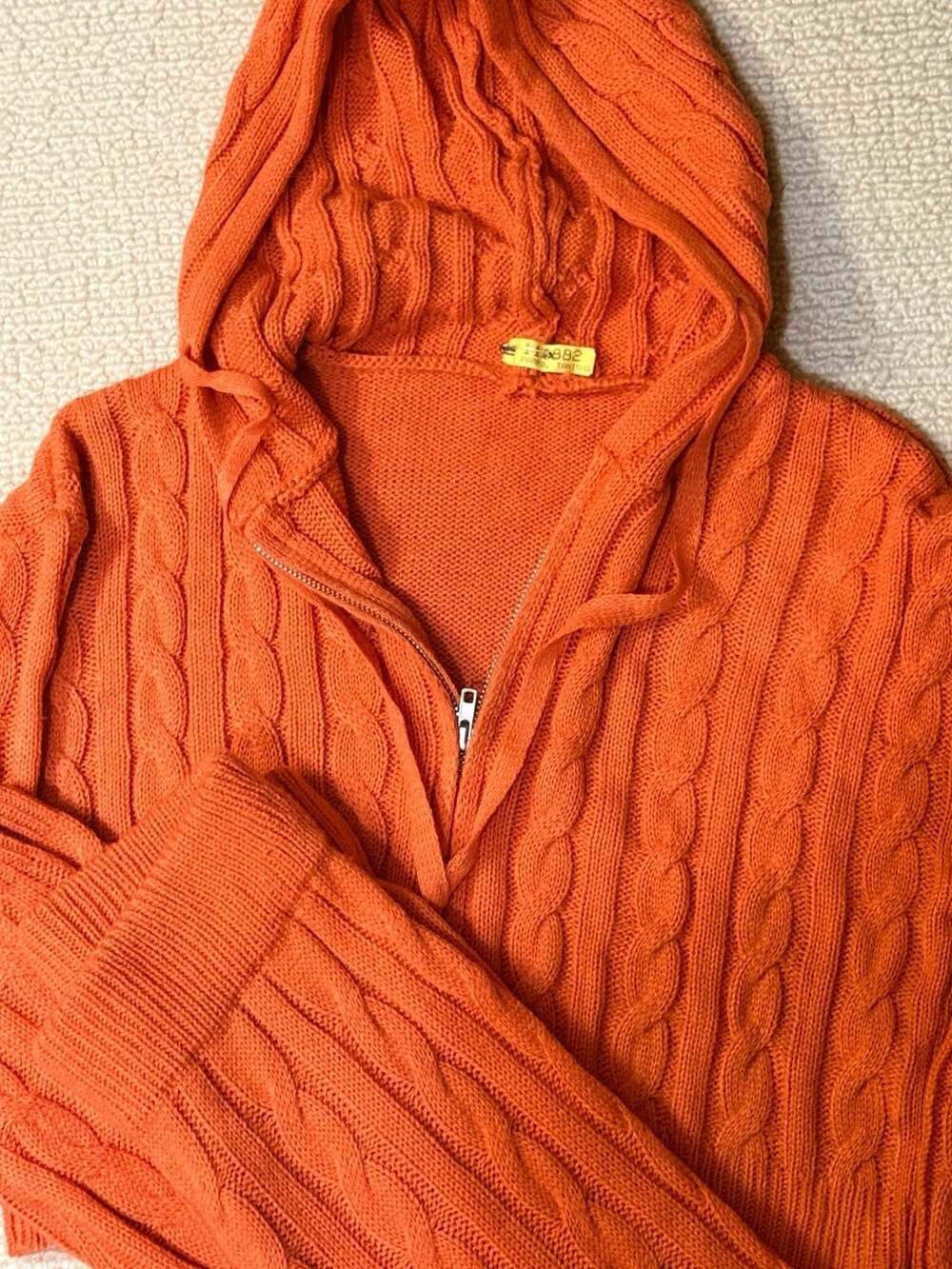 Orange Cable Knit Zip-Up Cropped Hoodie and Pants Set Size M